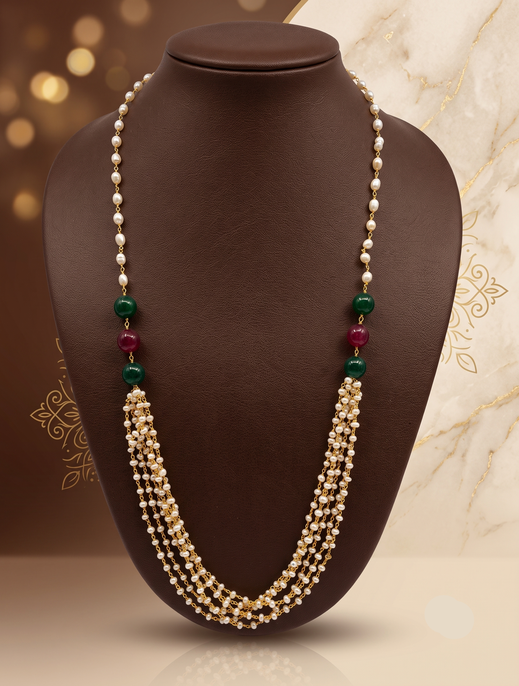 Heritage Ruby-Green Pearl Taar Mala – Multi-Strand Festive Classic