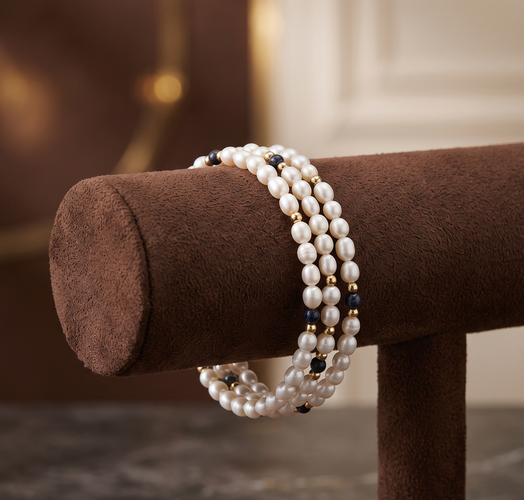 Oval White Pearl 3-Layer Coil Wrap Bracelet with Black Beads and Gold-Tone Accents