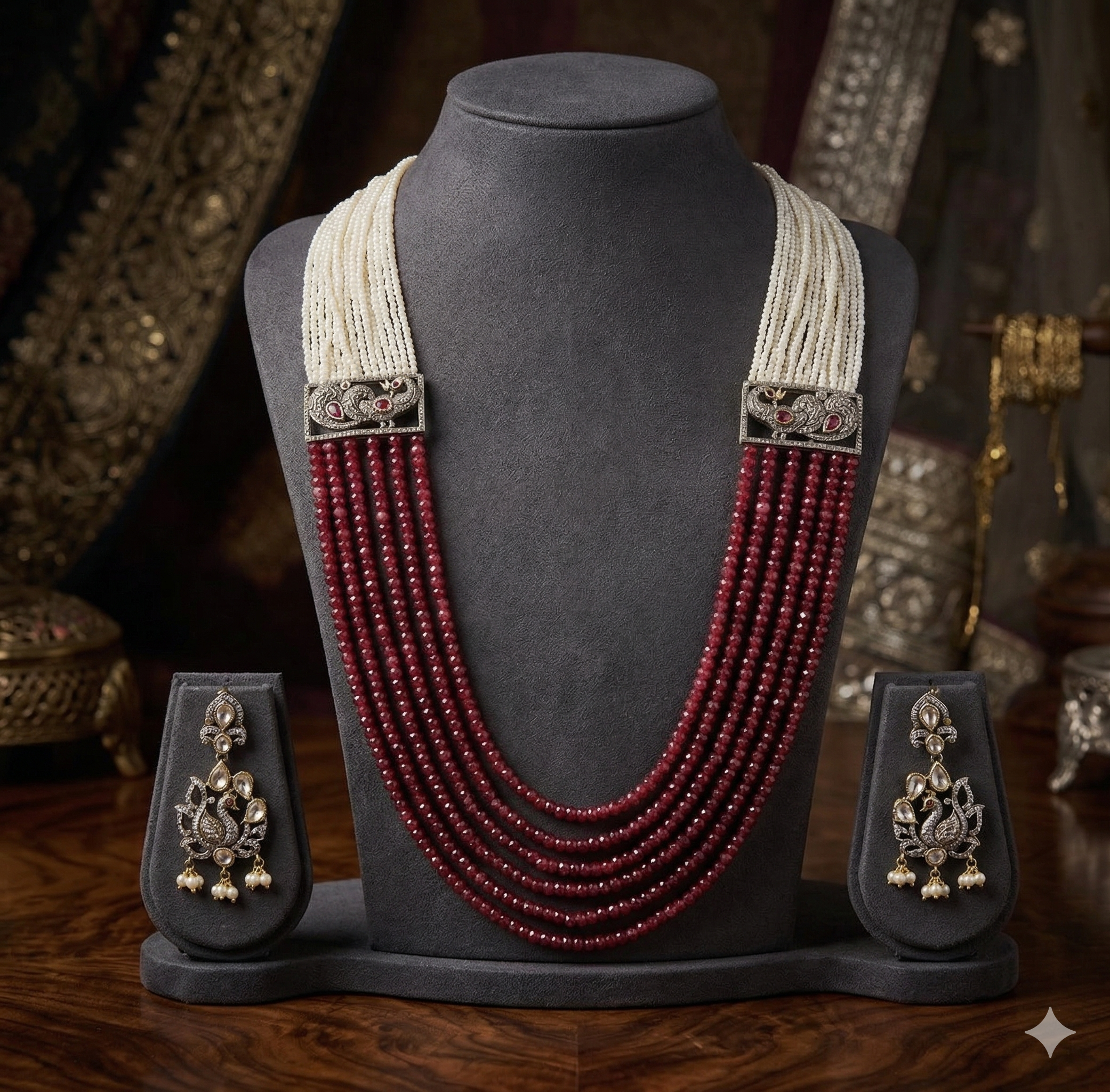 Royal Garnet & Pearl Cascade Fancy Pendent Set