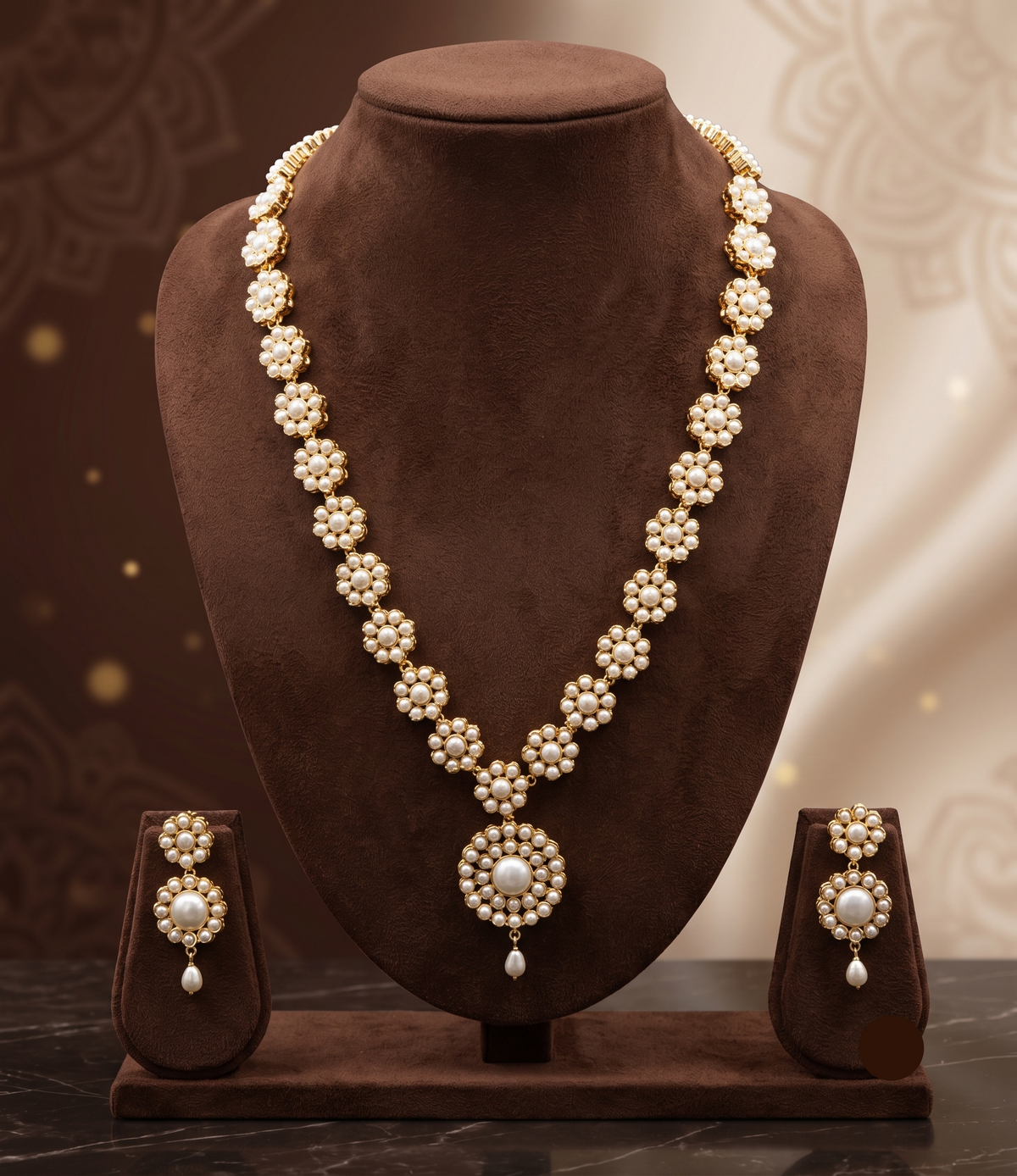 Royal Heritage Button Pearl Floret Long Necklace with Matching Drop Earrings