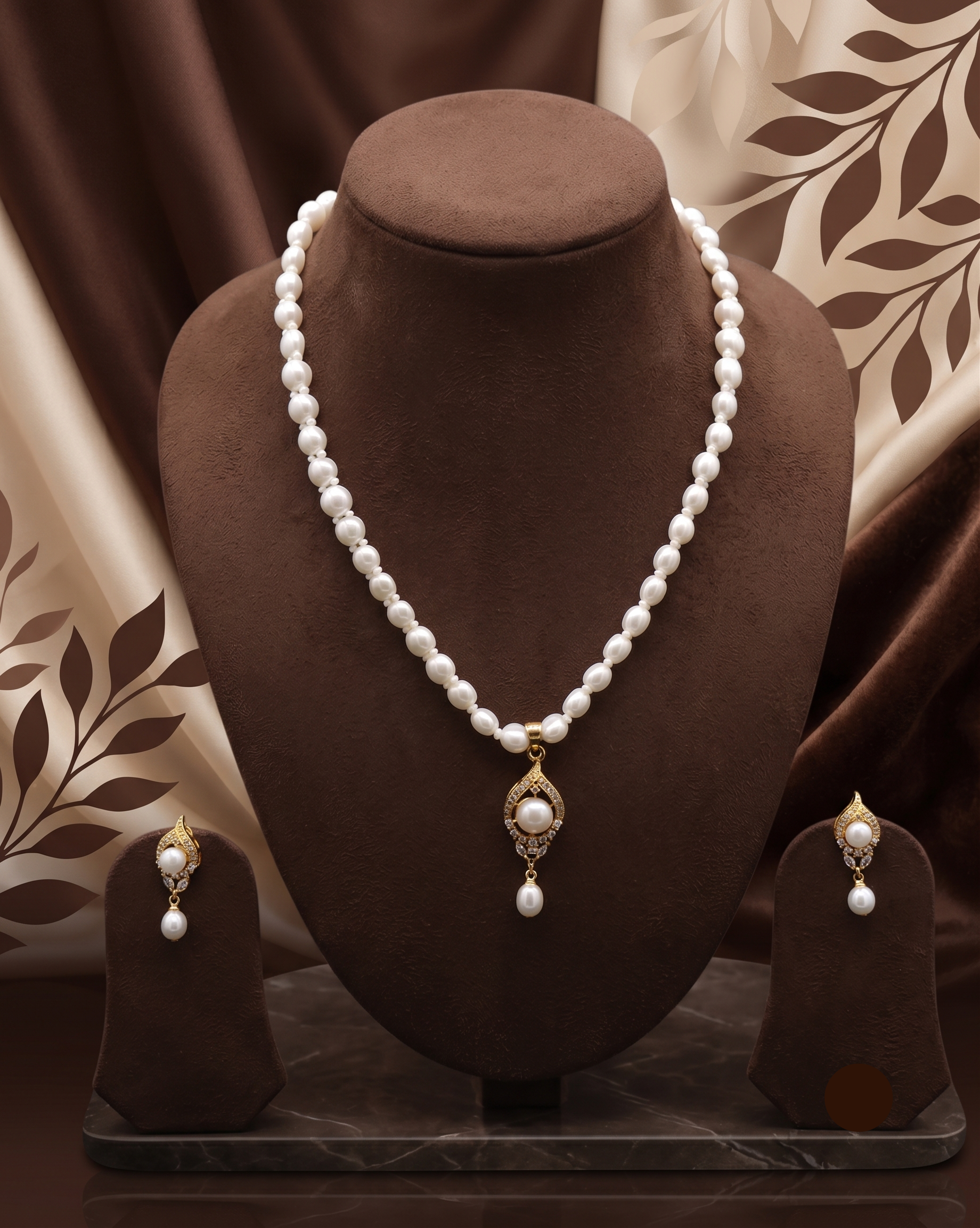 White Button Pearl Necklace Set with Teardrop Pendant & Earrings
