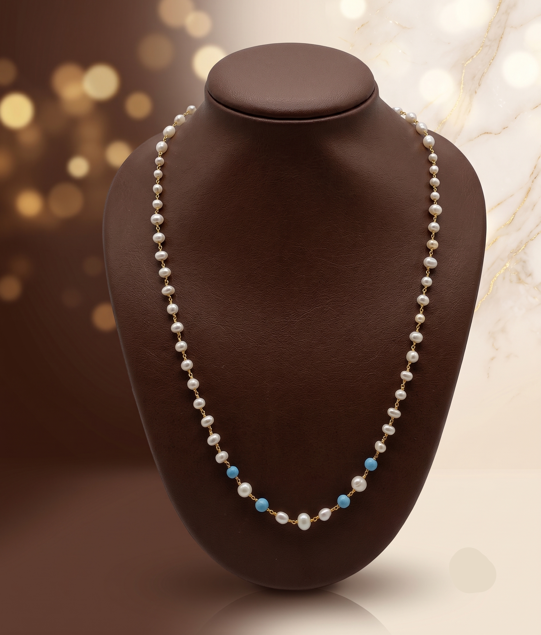 Freshwater Pearl Taar Mala with Turquoise Beads
