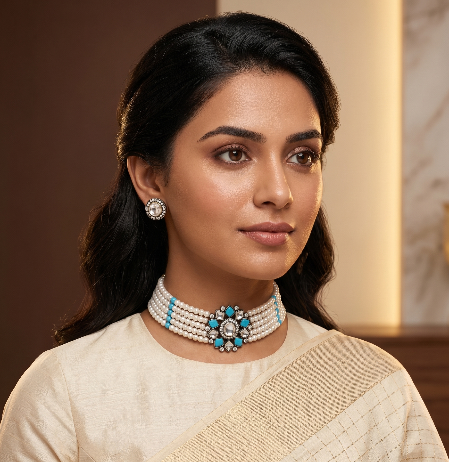 Turquoise Floral Pearl Choker Set