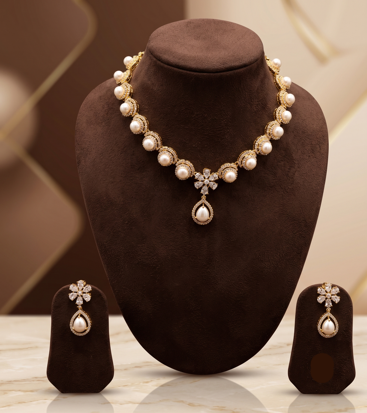 Royal Heritage White Button Pearl Choker with Halo Bezels & Floral Pendant Set