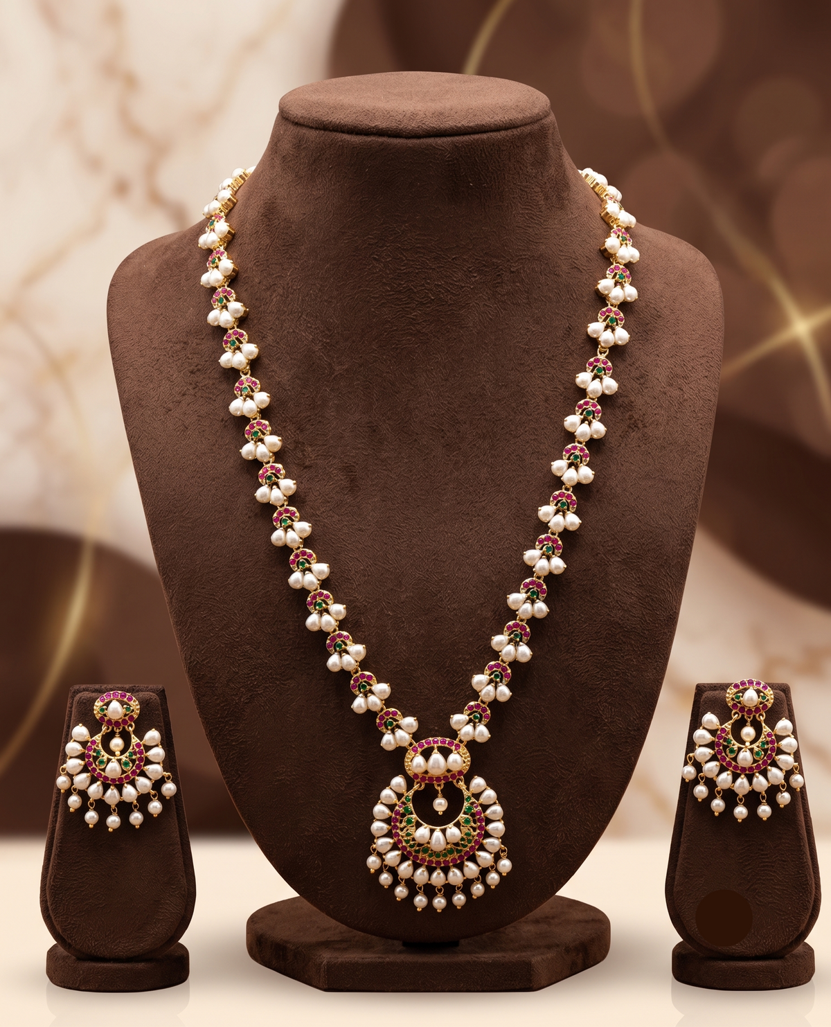 Majestic Flora Radiance: Long Pearl Garland Necklace with Matching Chandbali Earrings