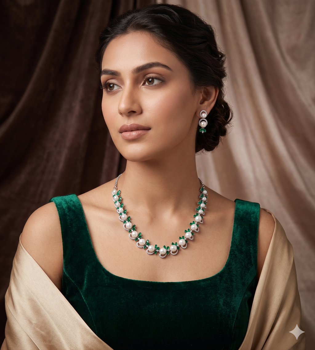 White Pearl Necklace Set  – Elegant Green Stone CZ Jewellery