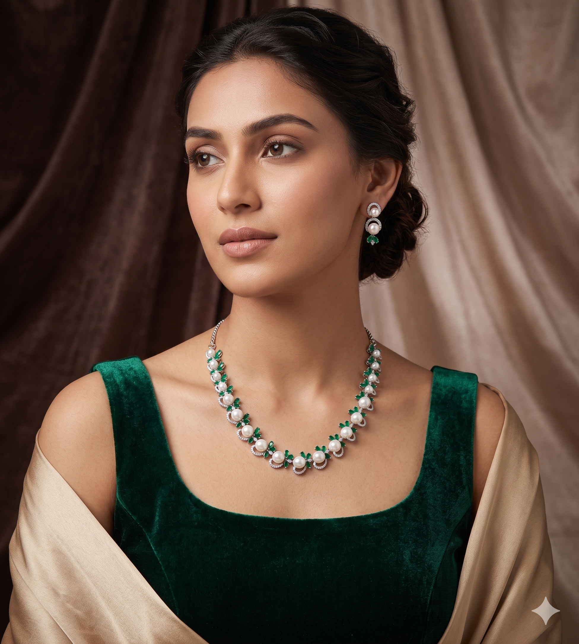 White Pearl Necklace Set  – Elegant Green Stone CZ Jewellery