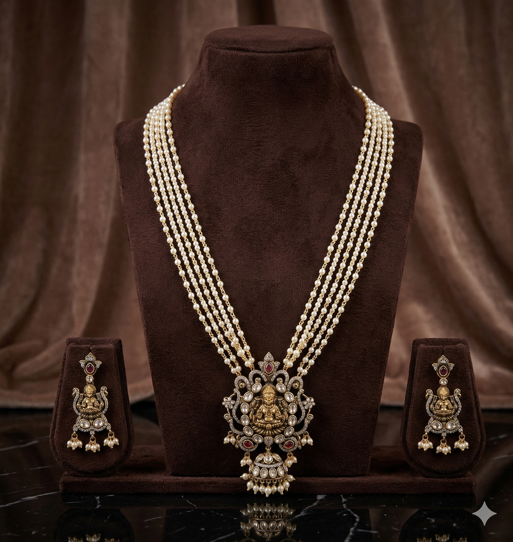 Goddess Lakshmi Multi-Layered Pearl Fancy Pendent Set