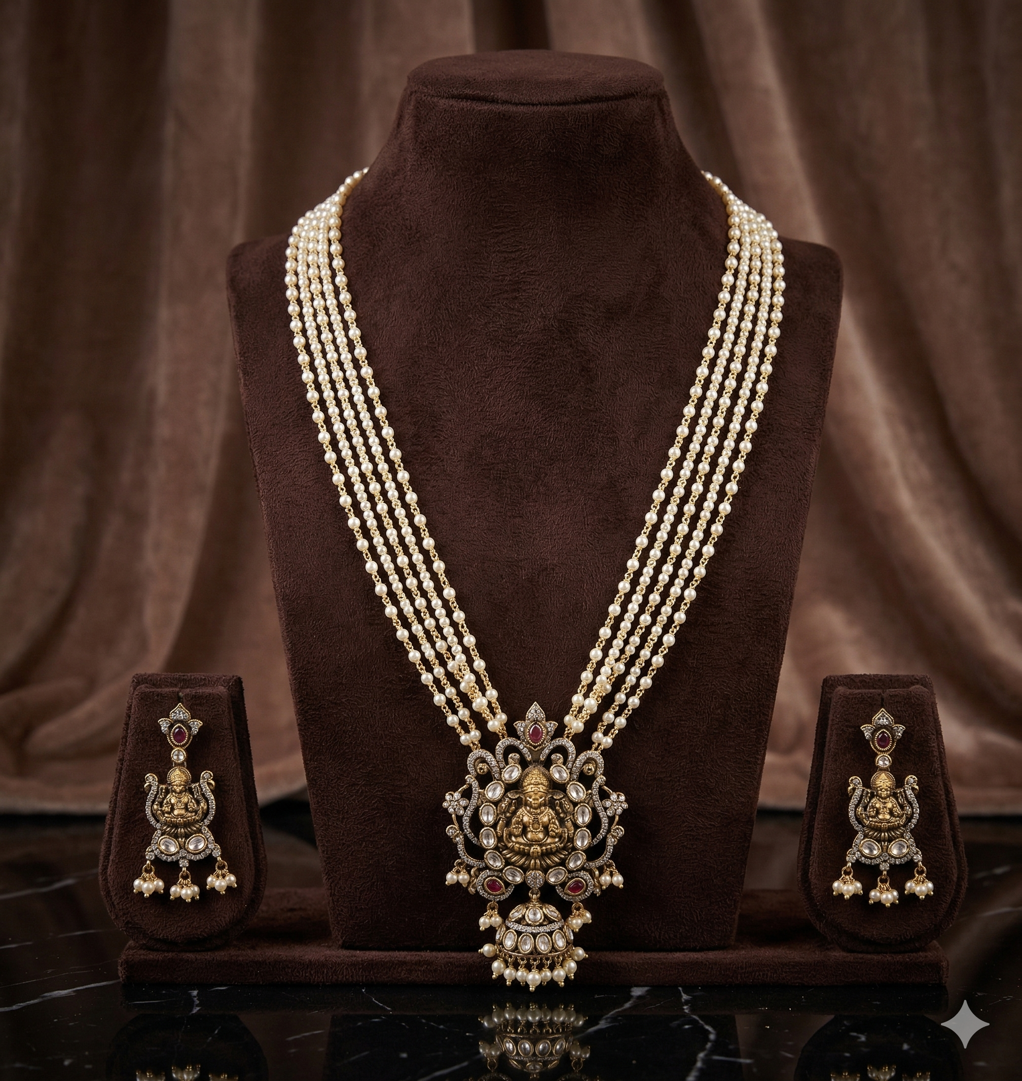 Goddess Lakshmi Multi-Layered Pearl Fancy Pendent Set