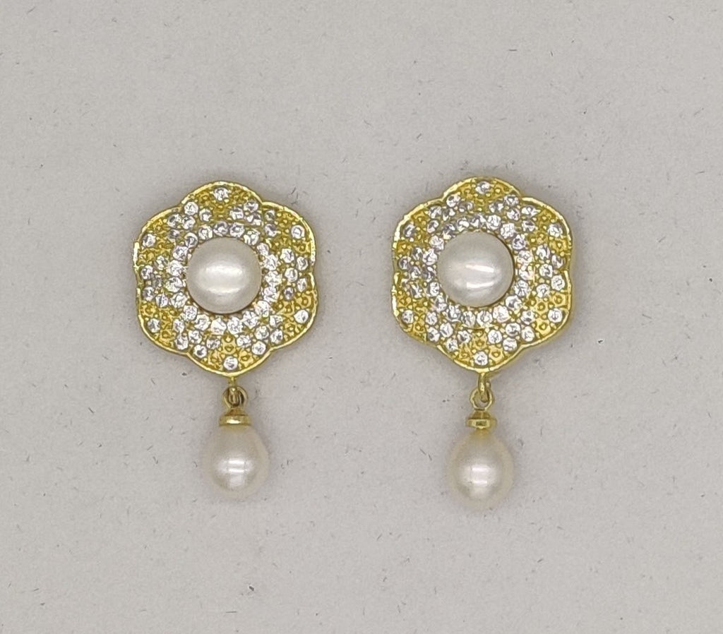  Gold-Toned Floral Pearl Dangle Earrings