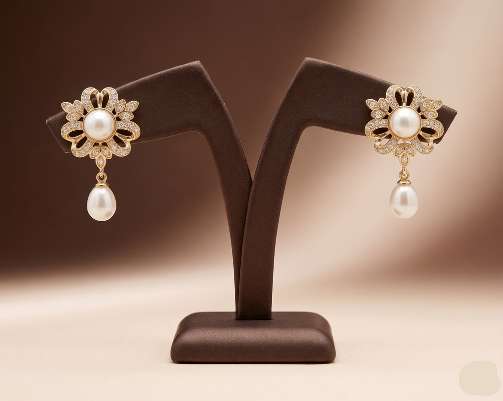 Gold-plated floral pearl drop earrings for women