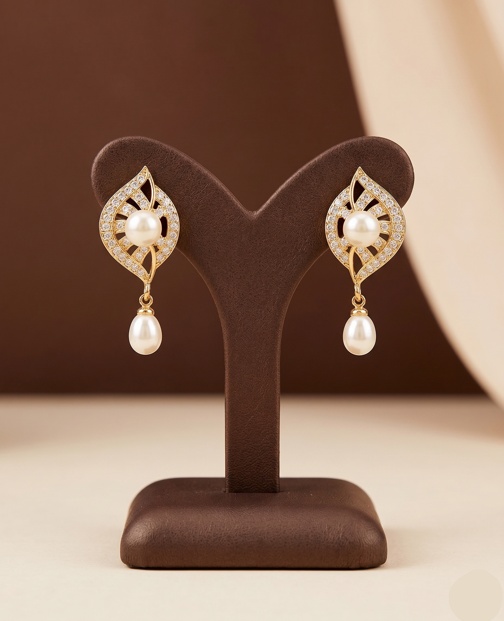 Gold Leaf Drop Pearl Earrings