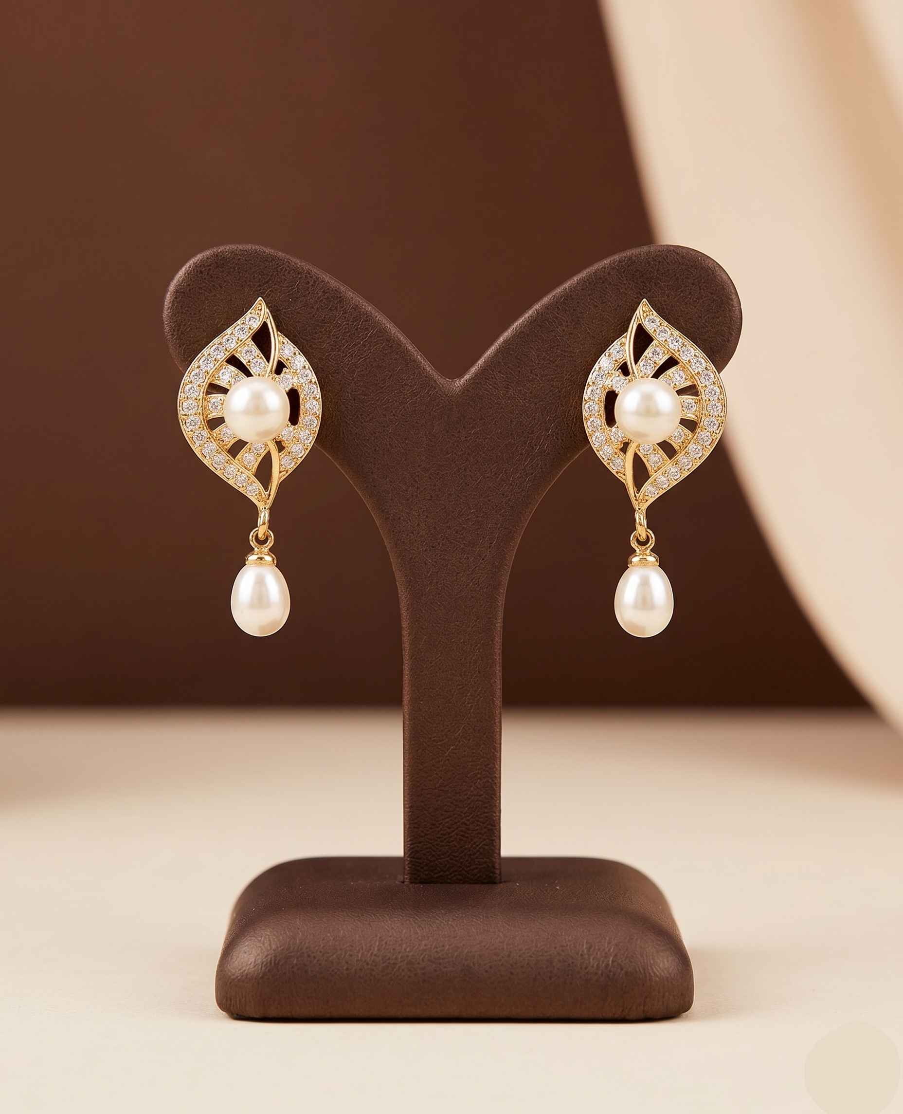 Gold Leaf Drop Pearl Earrings
