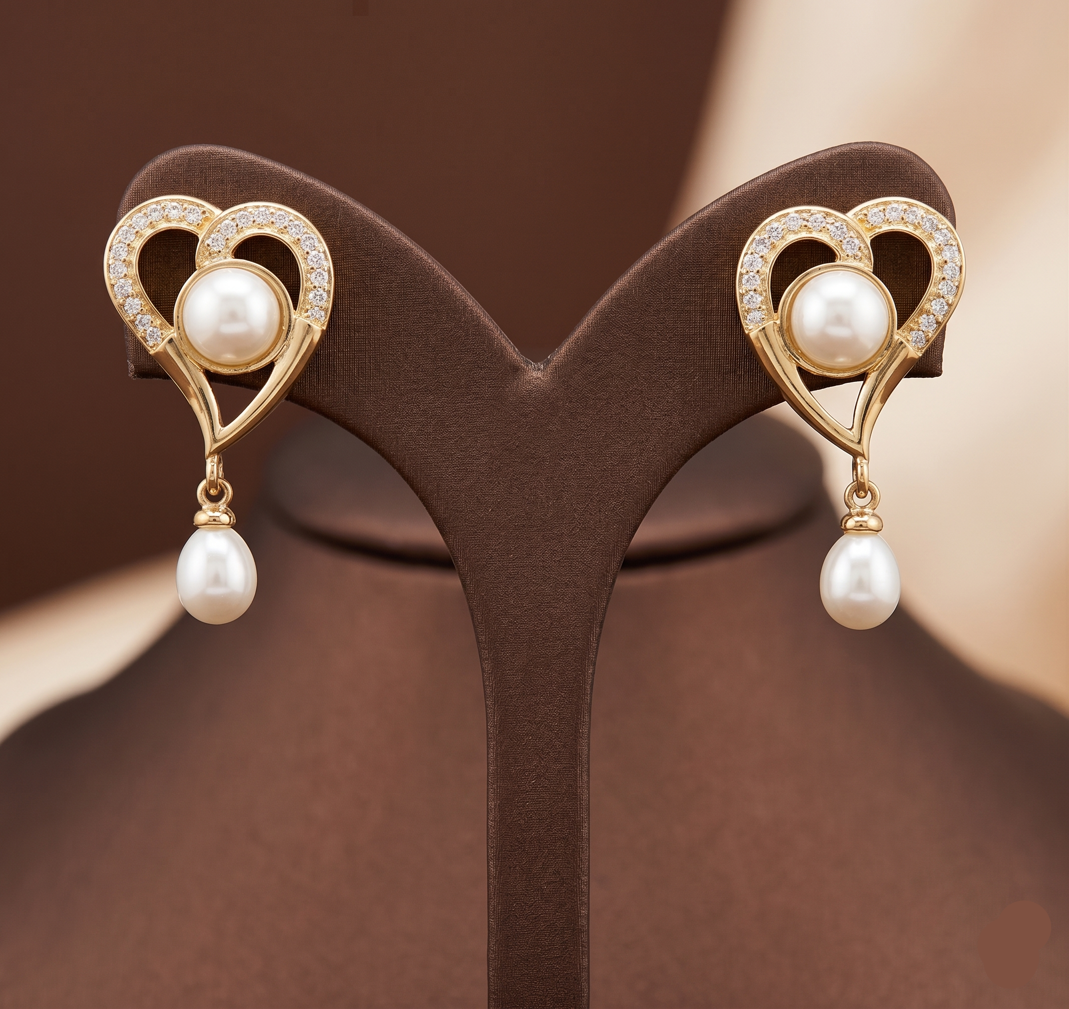 Gold heart pearl drop earrings for women
