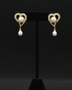 Gold heart pearl drop earrings for women