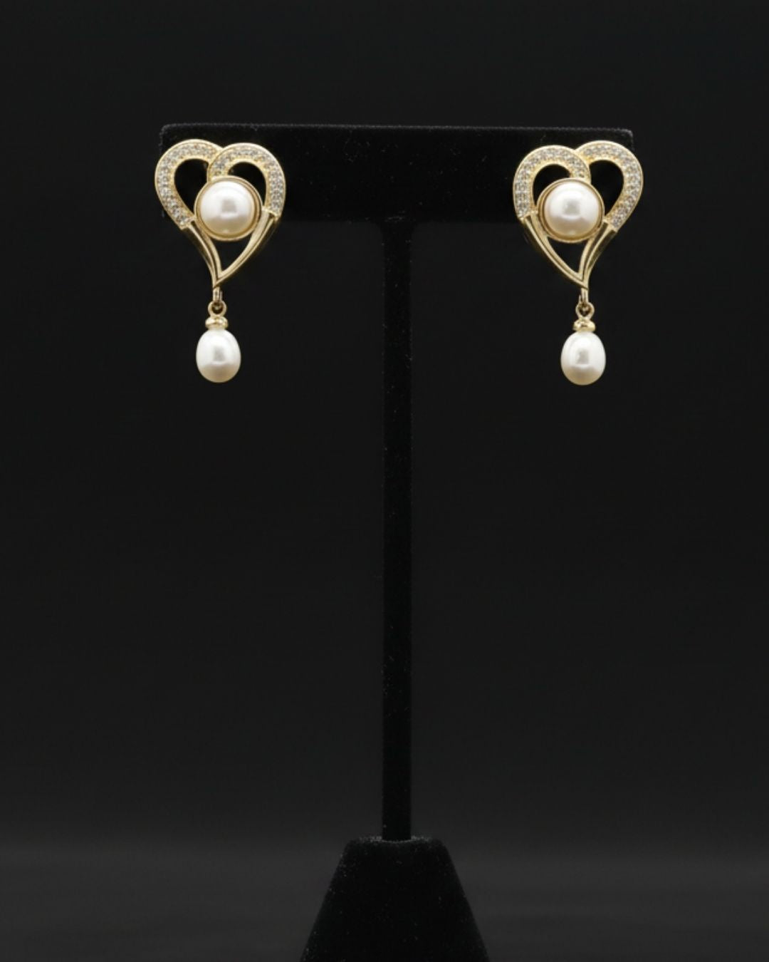 Gold heart pearl drop earrings for women
