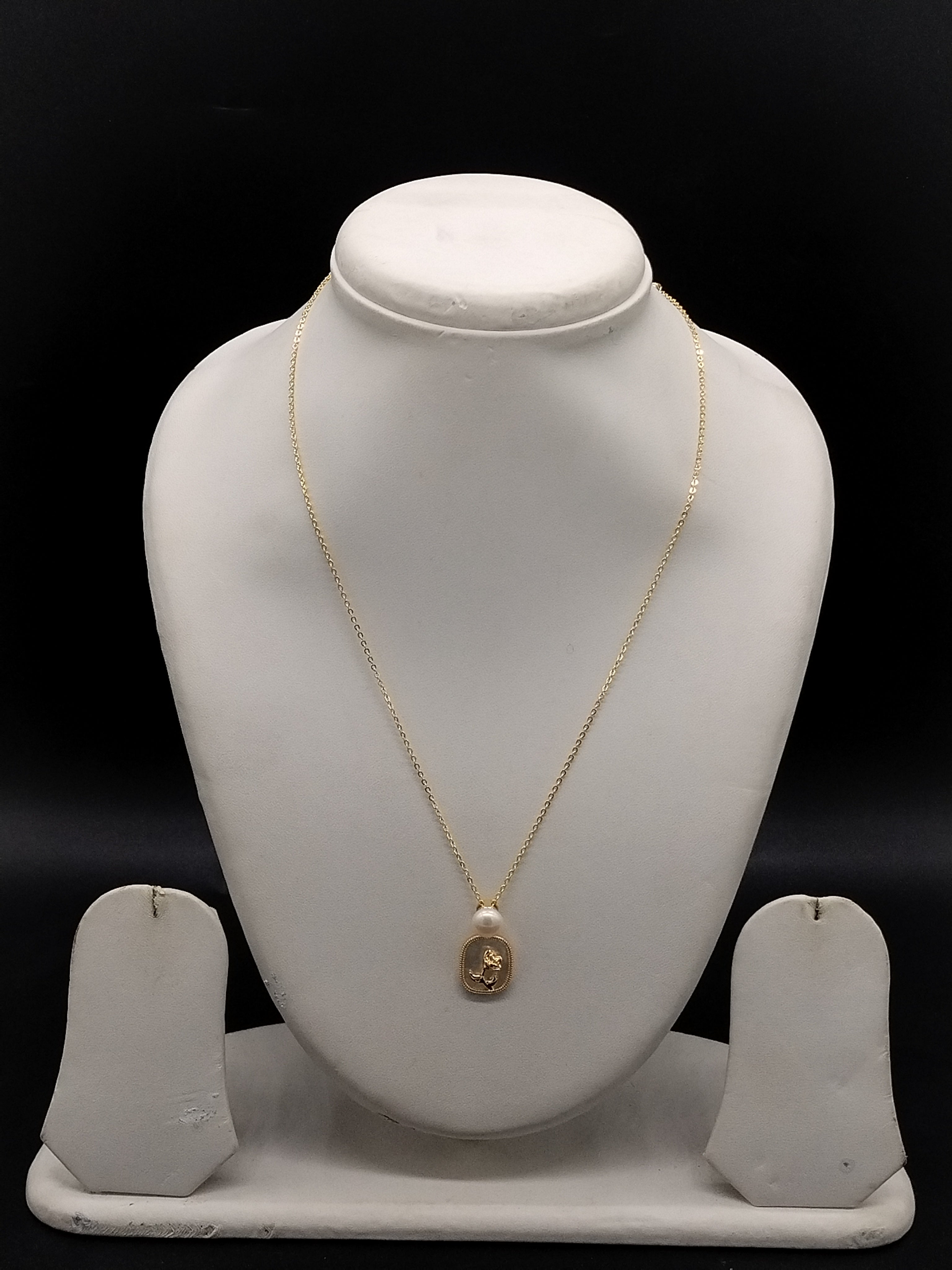 Gold tone pearl medallion pendant chain necklace for women