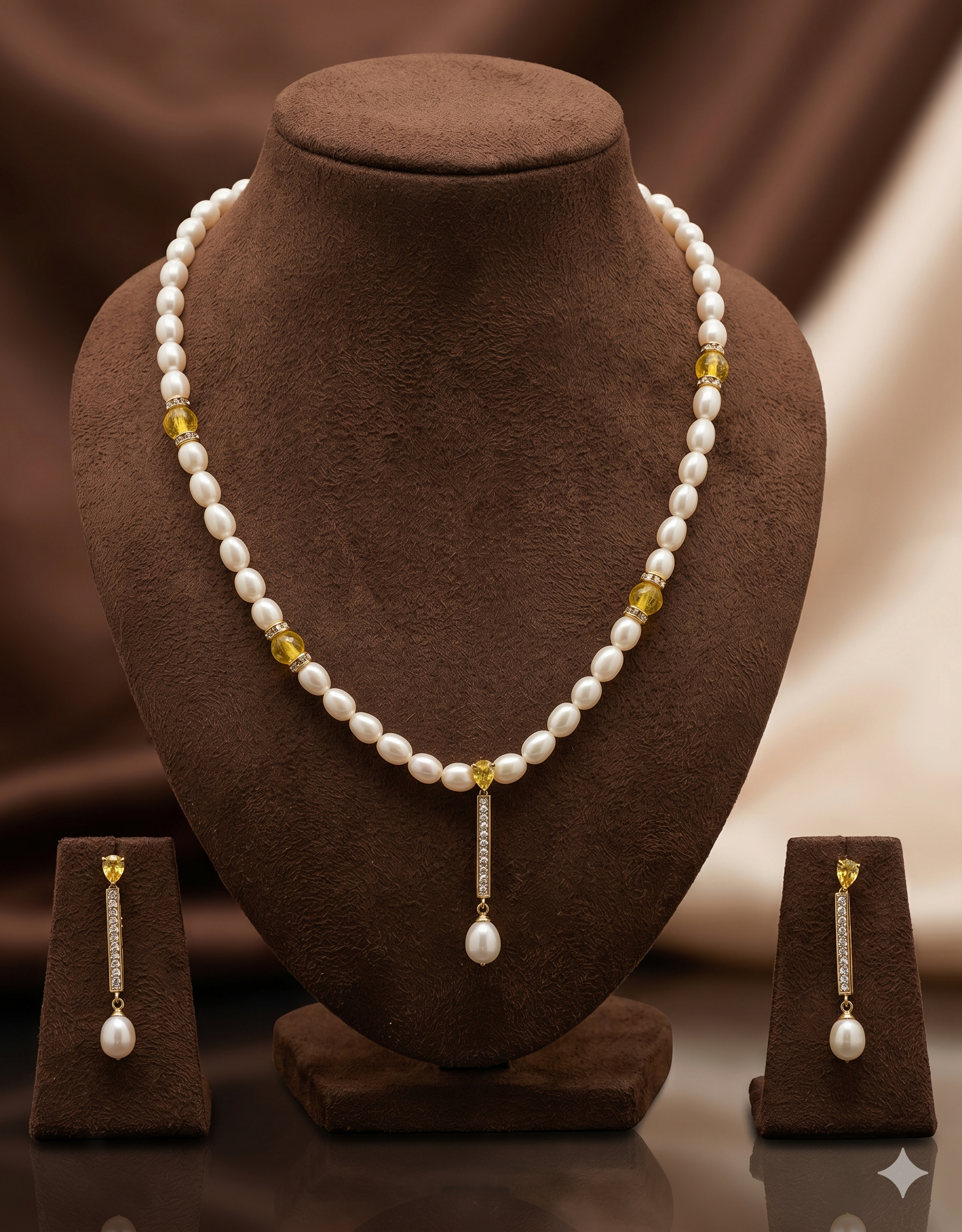 Golden Grace Freshwater Pearl One Line Pendant Set & Earrings