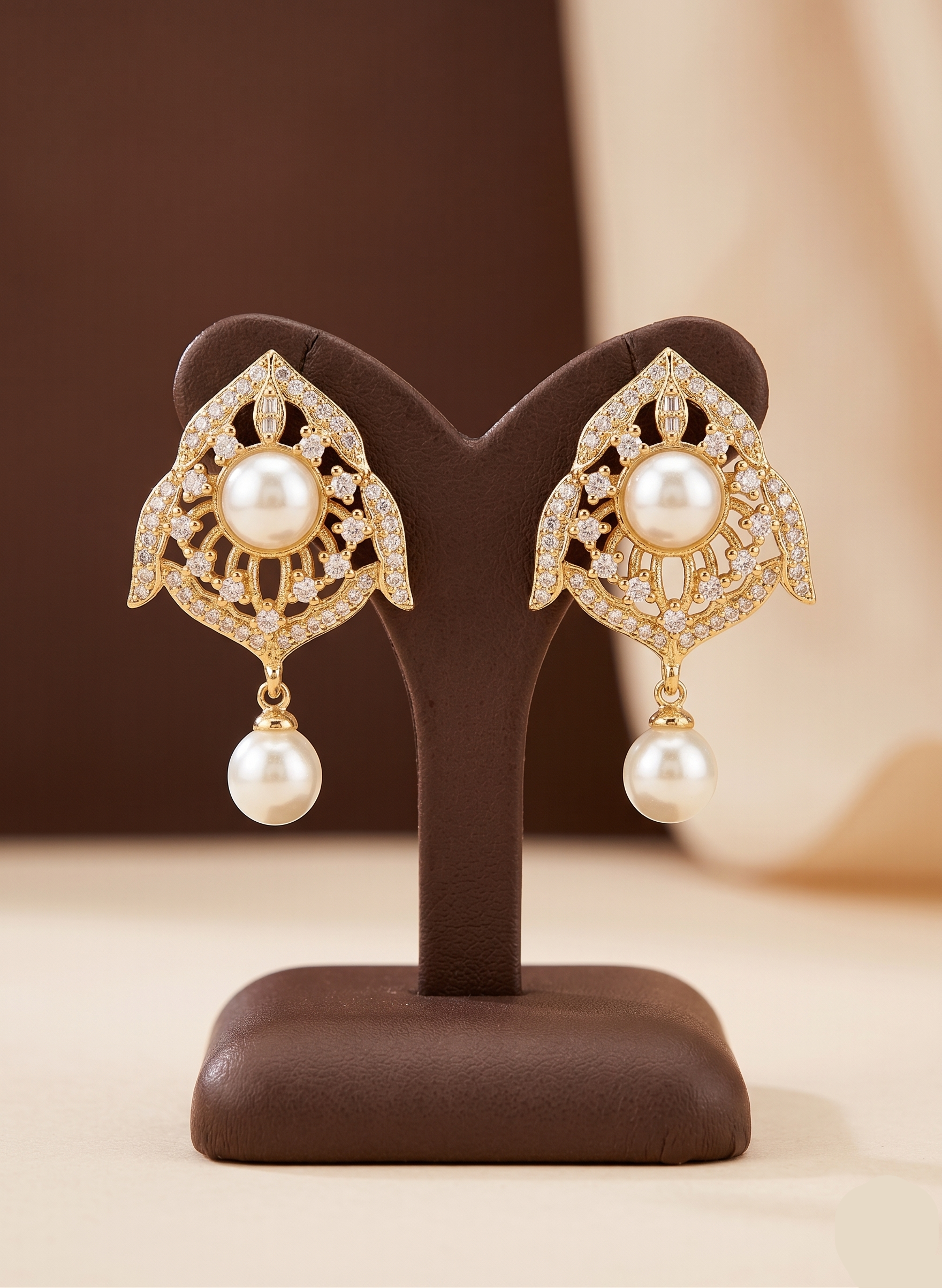 Golden Leaf Motif Freshwater Pearl Earrings