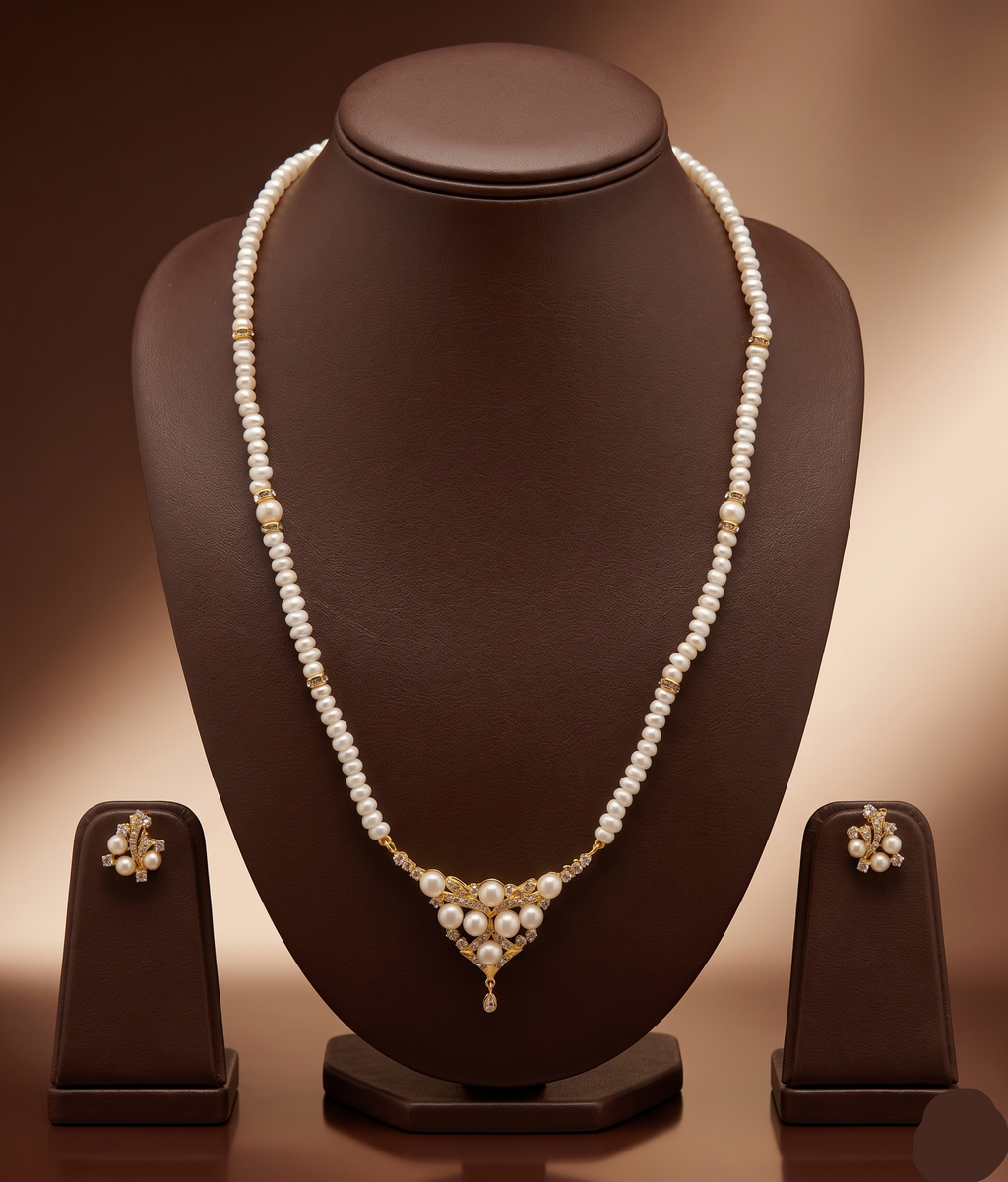 Golden Pearl Harmony One Line Pendant Freshwater Pearl Necklace & Earrings Set