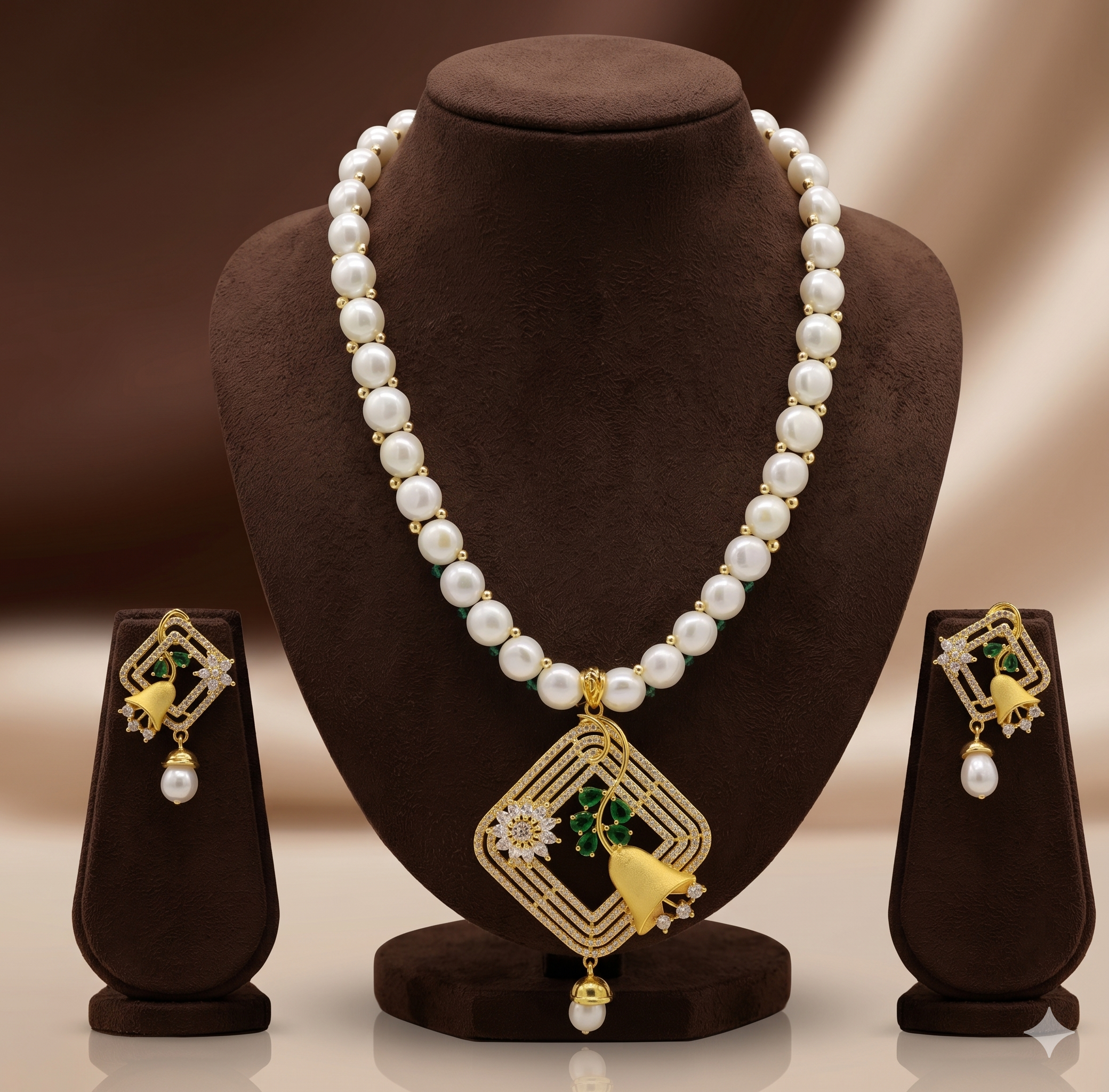 Green Floral Rhombus Pearl Pendant Set