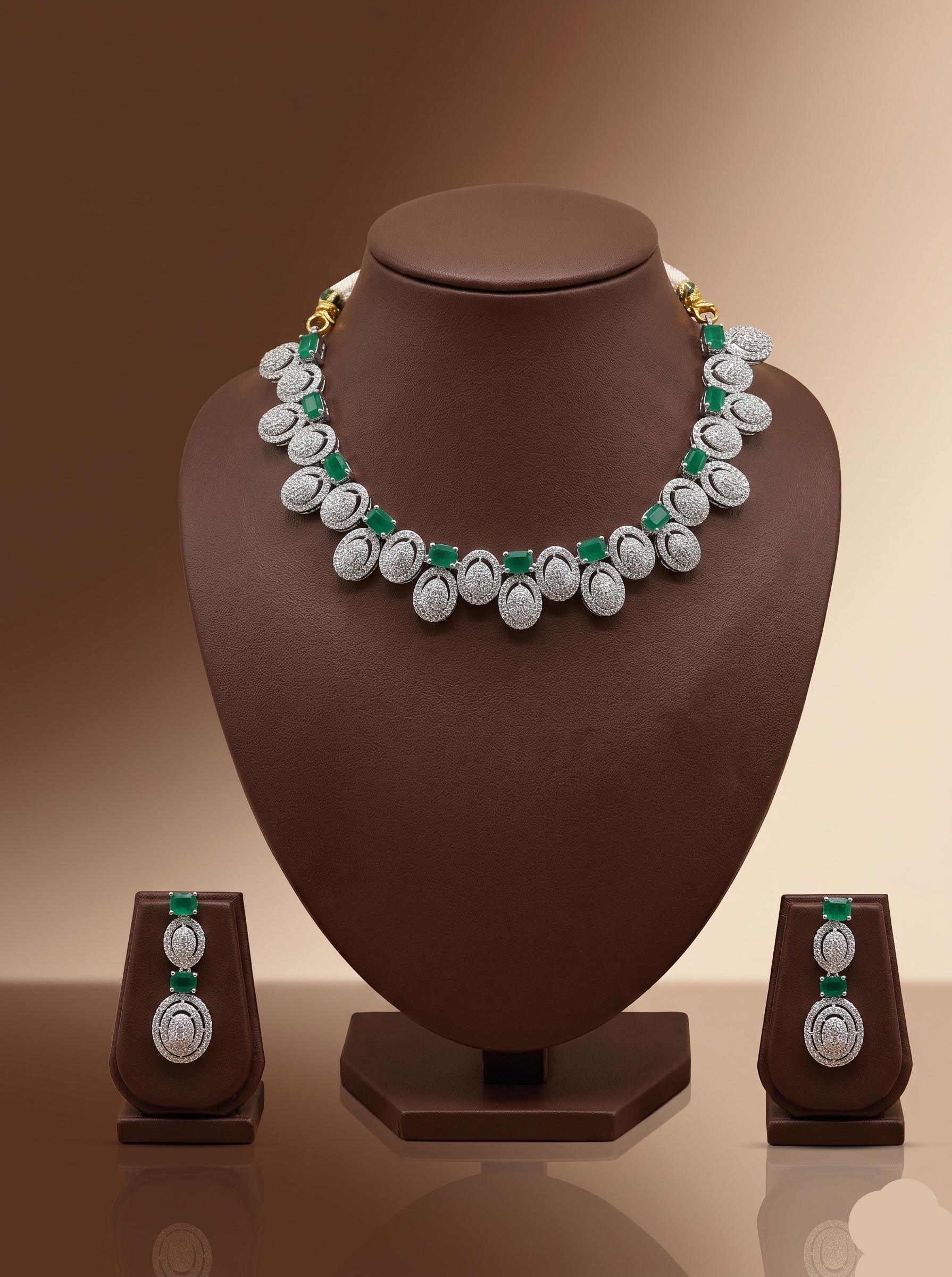 Green and white American Diamond necklace set with emerald-inspired stones and matching drop earrings