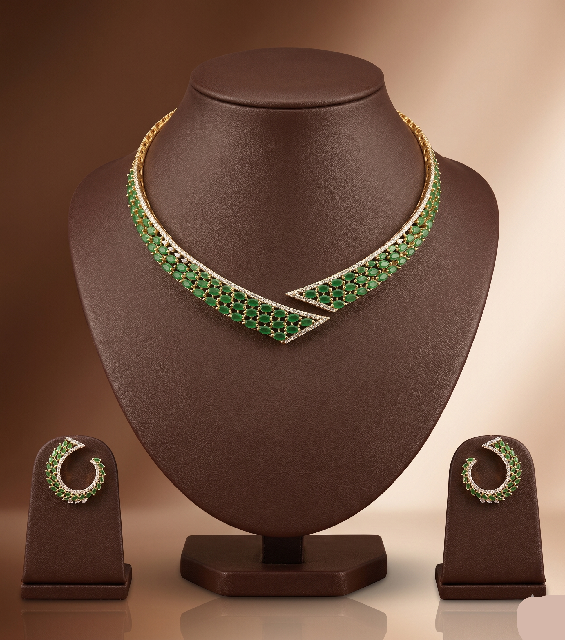 Green and white stone designer choker set with asymmetrical wrap-around design and matching stud earrings.