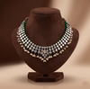 Green bead Kundan choker necklace with white Kundan stones and gold finish.