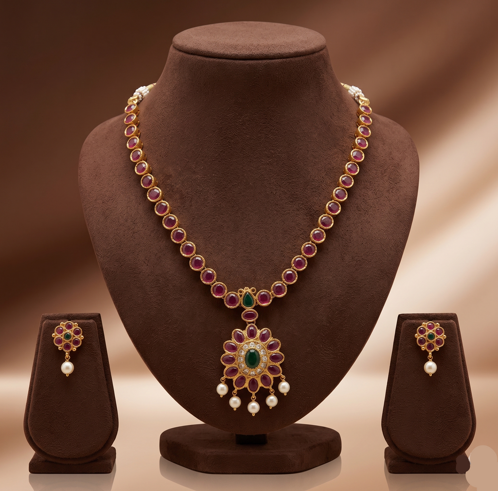 Heritage Ruby temple necklace set with red and green CZ stones, pearl drops, and matching earrings.