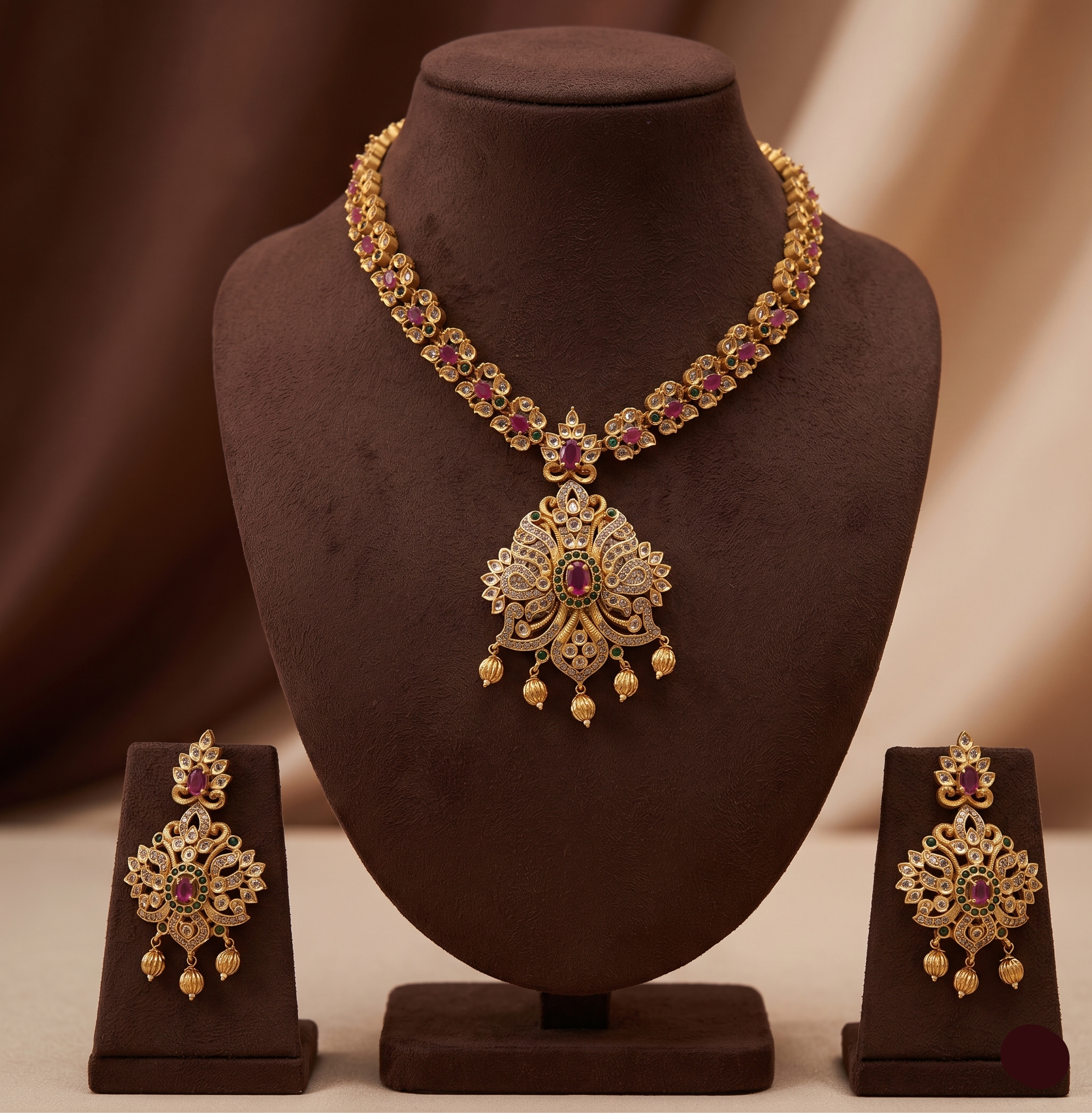 Imperial multicolour CZ necklace set with ornate pendant and matching drop earrings.