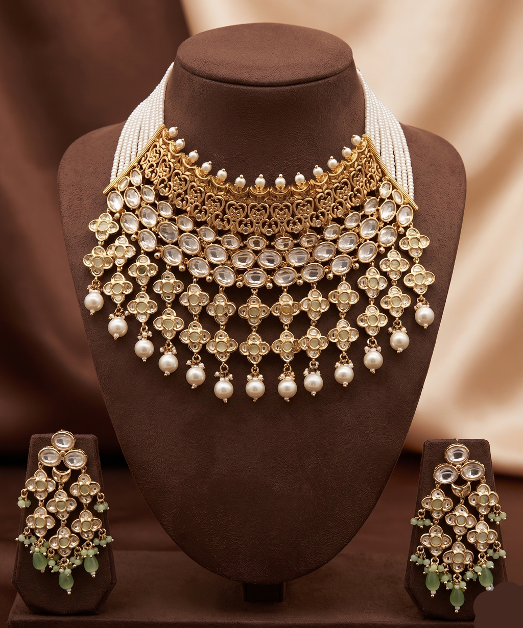 Kundan choker set with light green and white stones, layered detailing, pearl-inspired drops, and matching earrings.