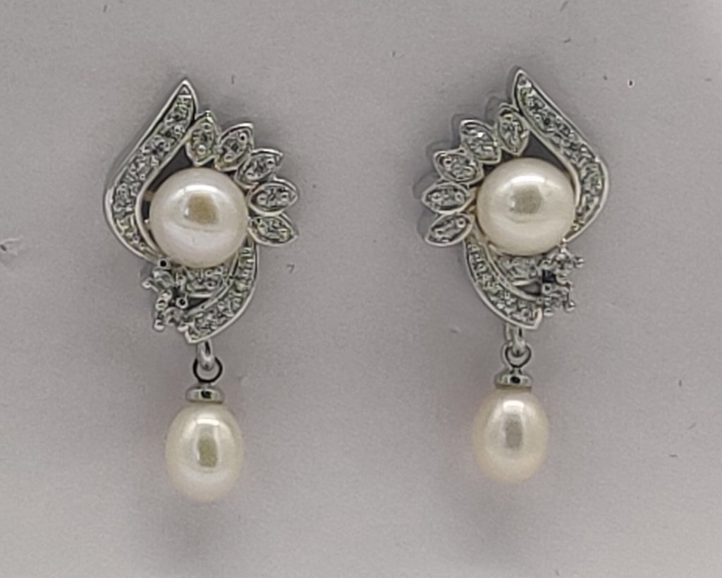 Leaf CZ pearl drop earrings for women