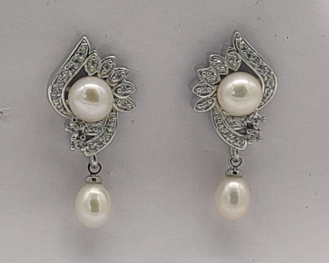 Leaf CZ pearl drop earrings for women