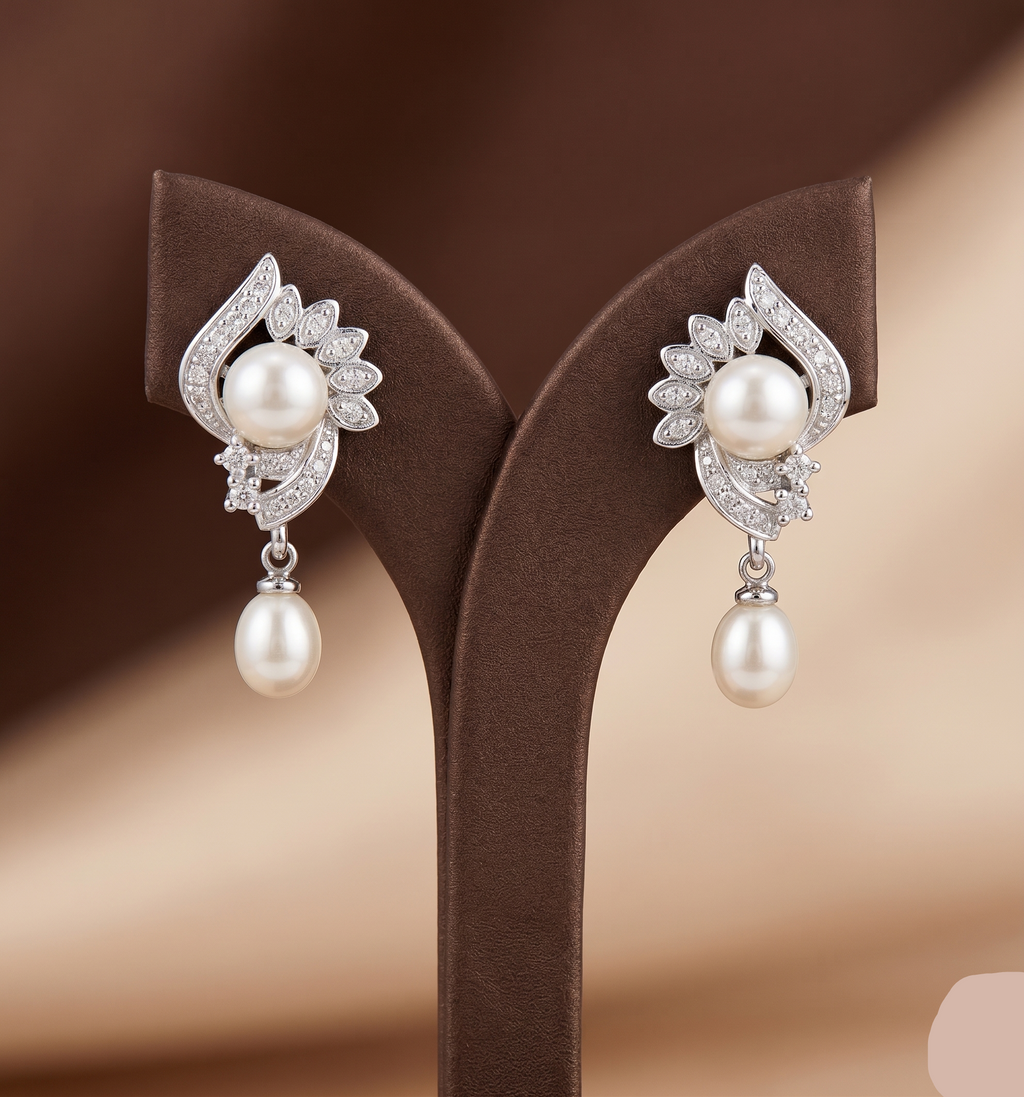 Leaf CZ pearl drop earrings for women