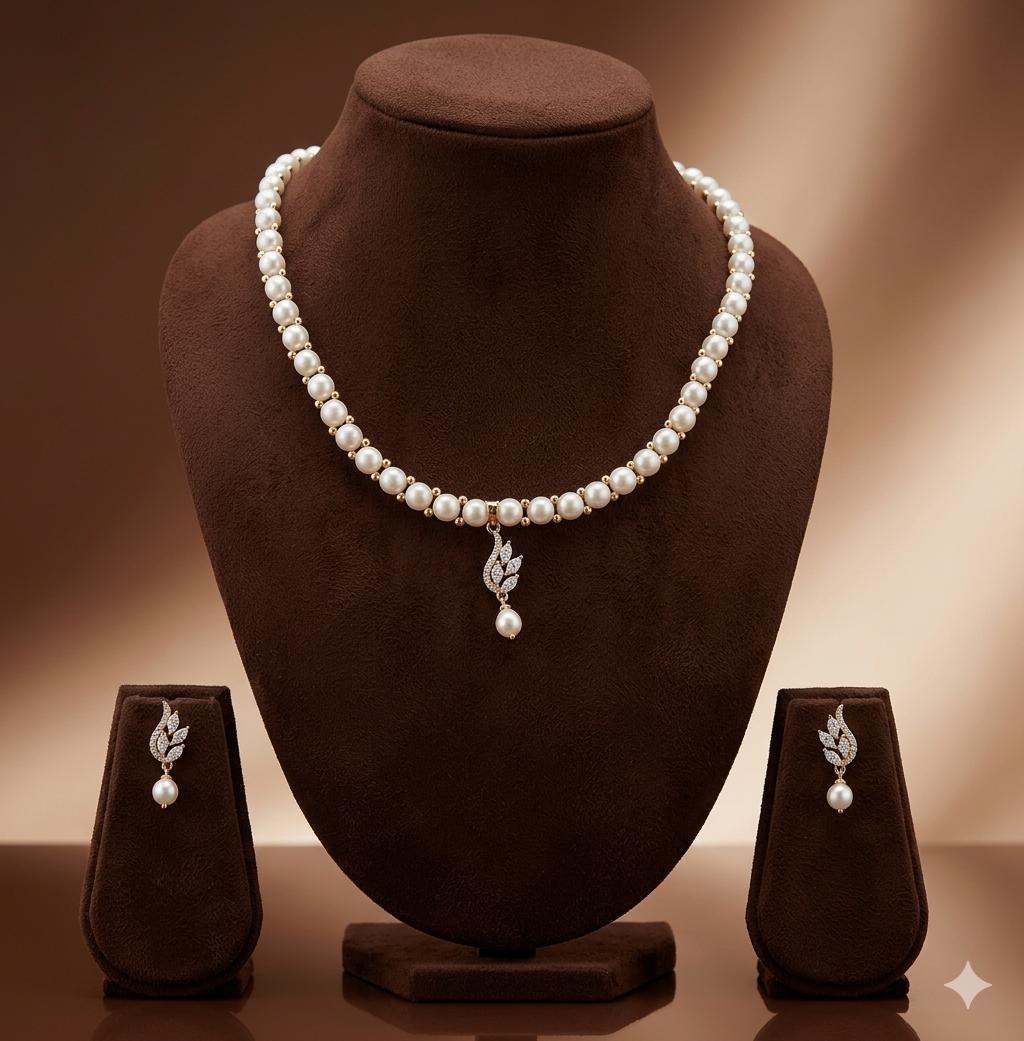Leaf Motif Freshwater Pearls Pendant Set