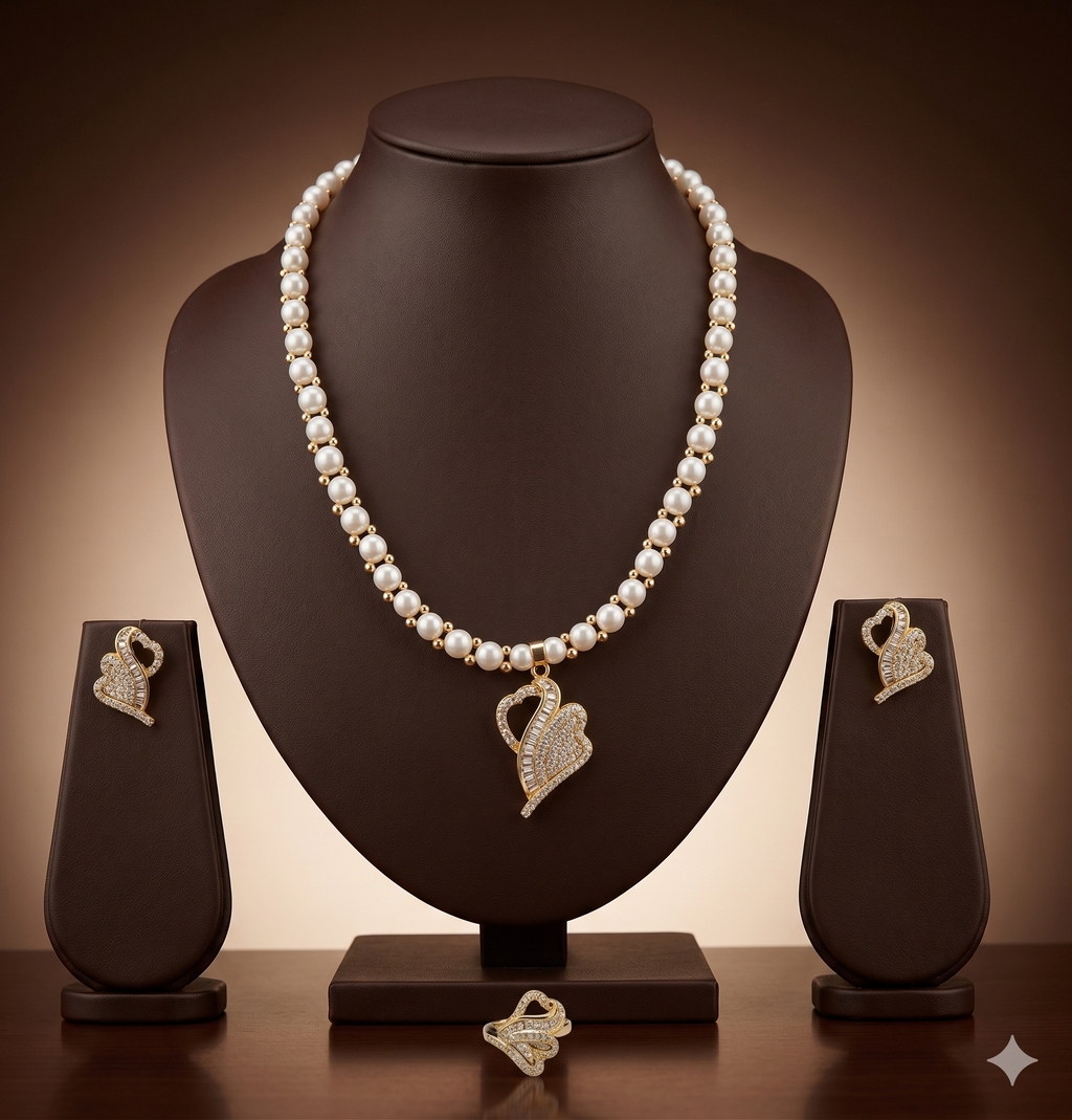 Leaf Sparkle Freshwater Pearls Pendant Set