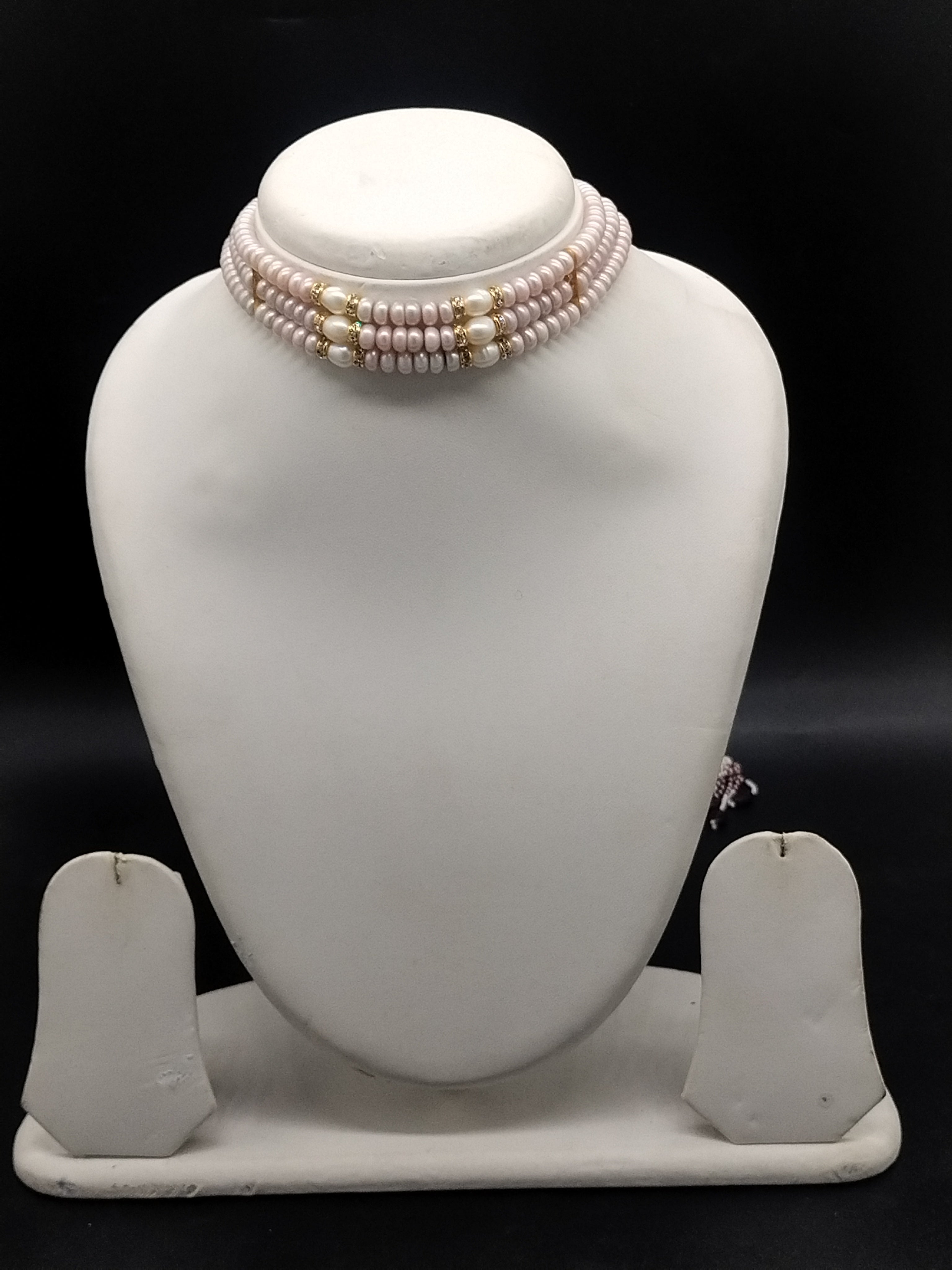 Light pink and white freshwater pearl 3 line choker necklace for women