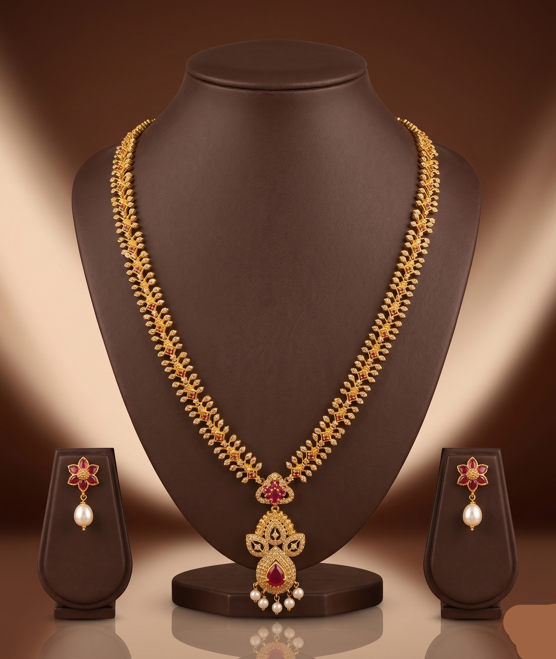 Long haram set with red and white American Diamond stones, ornate floral pendant, pearl drops, and matching earrings.