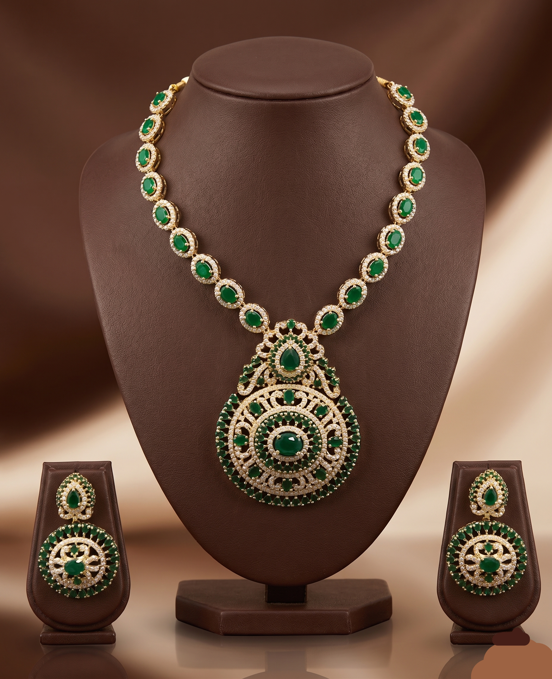 Long necklace set with emerald-inspired green stones, white American Diamond detailing, and matching chandelier earrings.