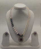 Maroon Majesty dual-strand freshwater pearl pendant necklace and earrings set with maroon gemstone pendant
