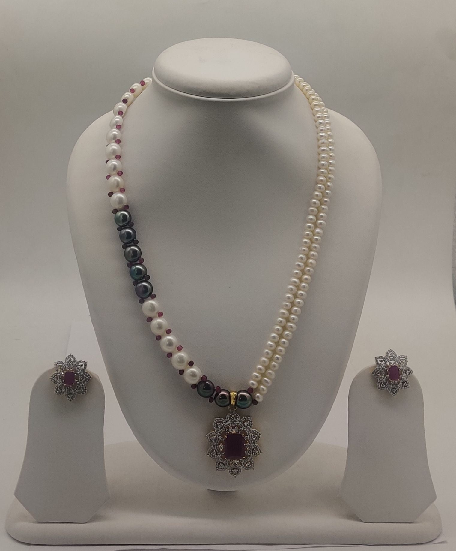 Maroon Majesty dual-strand freshwater pearl pendant necklace and earrings set with maroon gemstone pendant