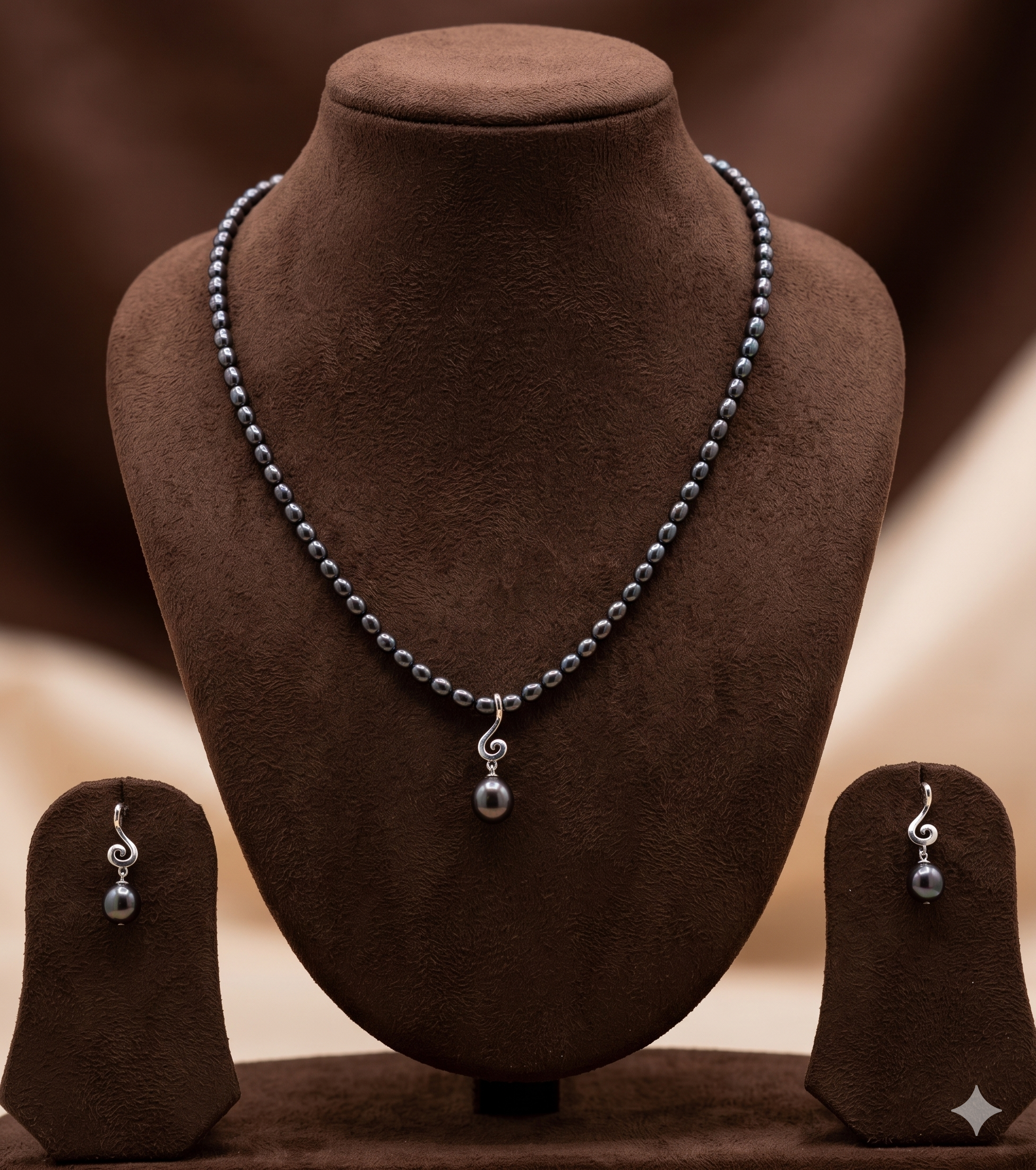 Midnight Black Pearl Drop One Line Freshwater Pearl Necklace & Earrings Set
