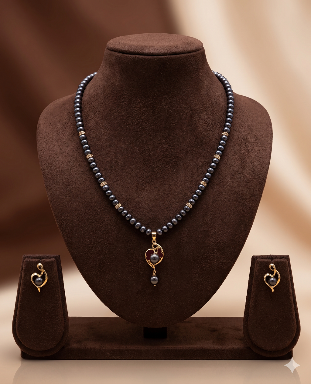 Midnight Heart Black Pearl Drop One Line Freshwater Pearl Necklace & Earrings Set