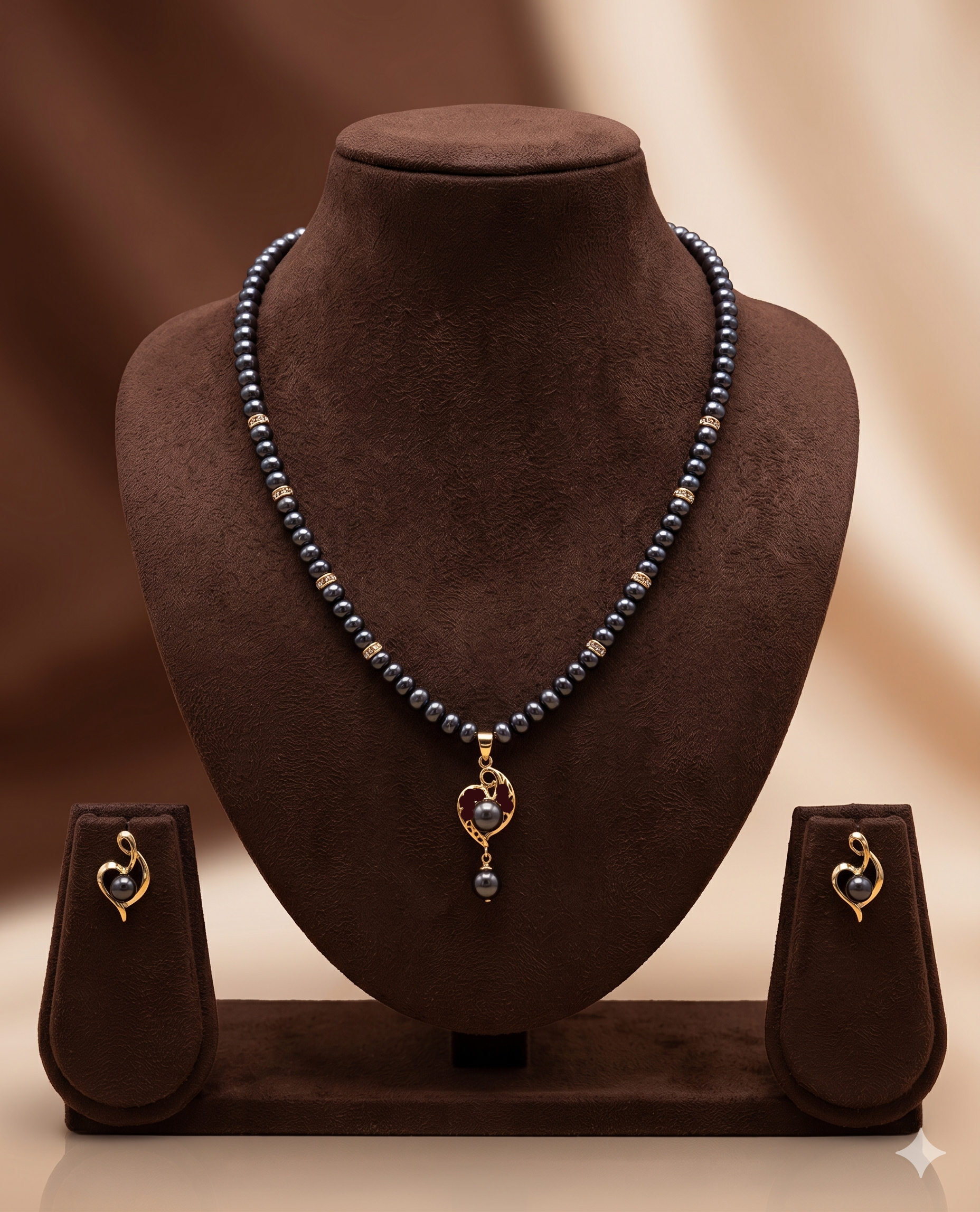Midnight Heart Black Pearl Drop One Line Freshwater Pearl Necklace & Earrings Set