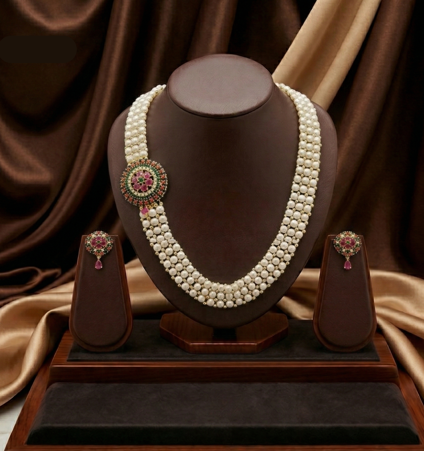Multi-Layered Freshwater Pearl Broach Set with Red and Green Stone Pendant