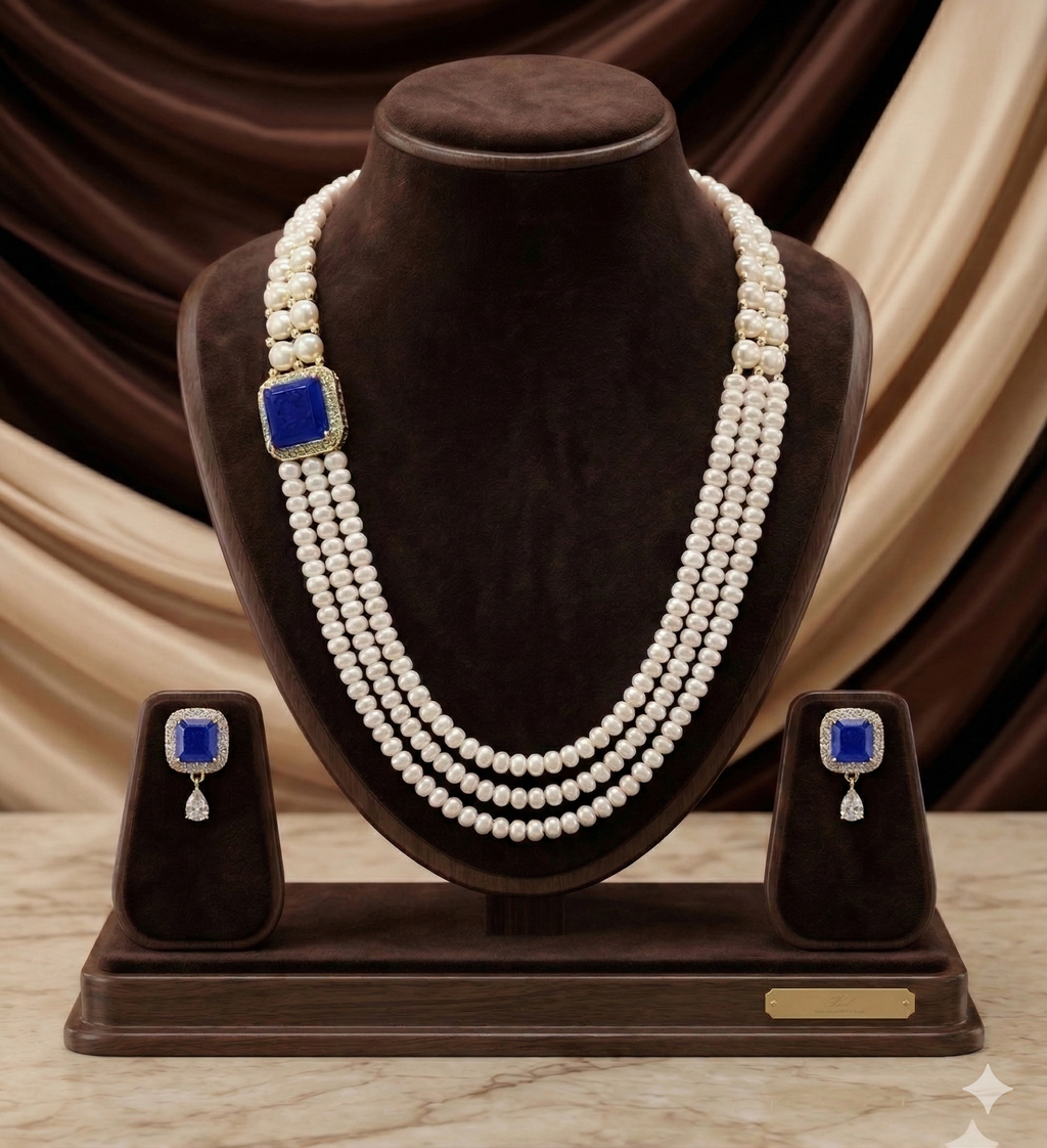 Multi-Line Freshwater Pearl &amp; Sapphire Broach Set
