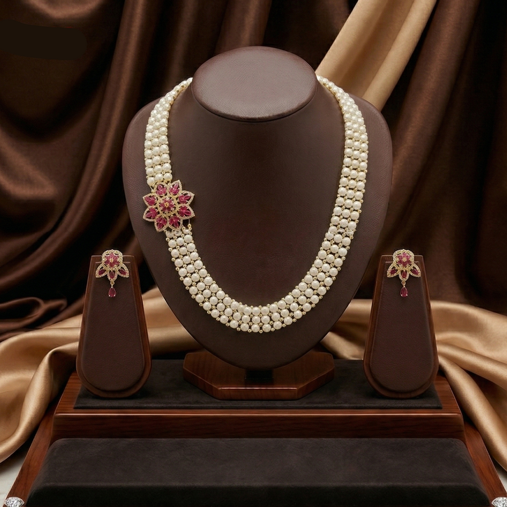Multi-Strand Freshwater Pearl Broach Set with Ruby and White Floral Motif