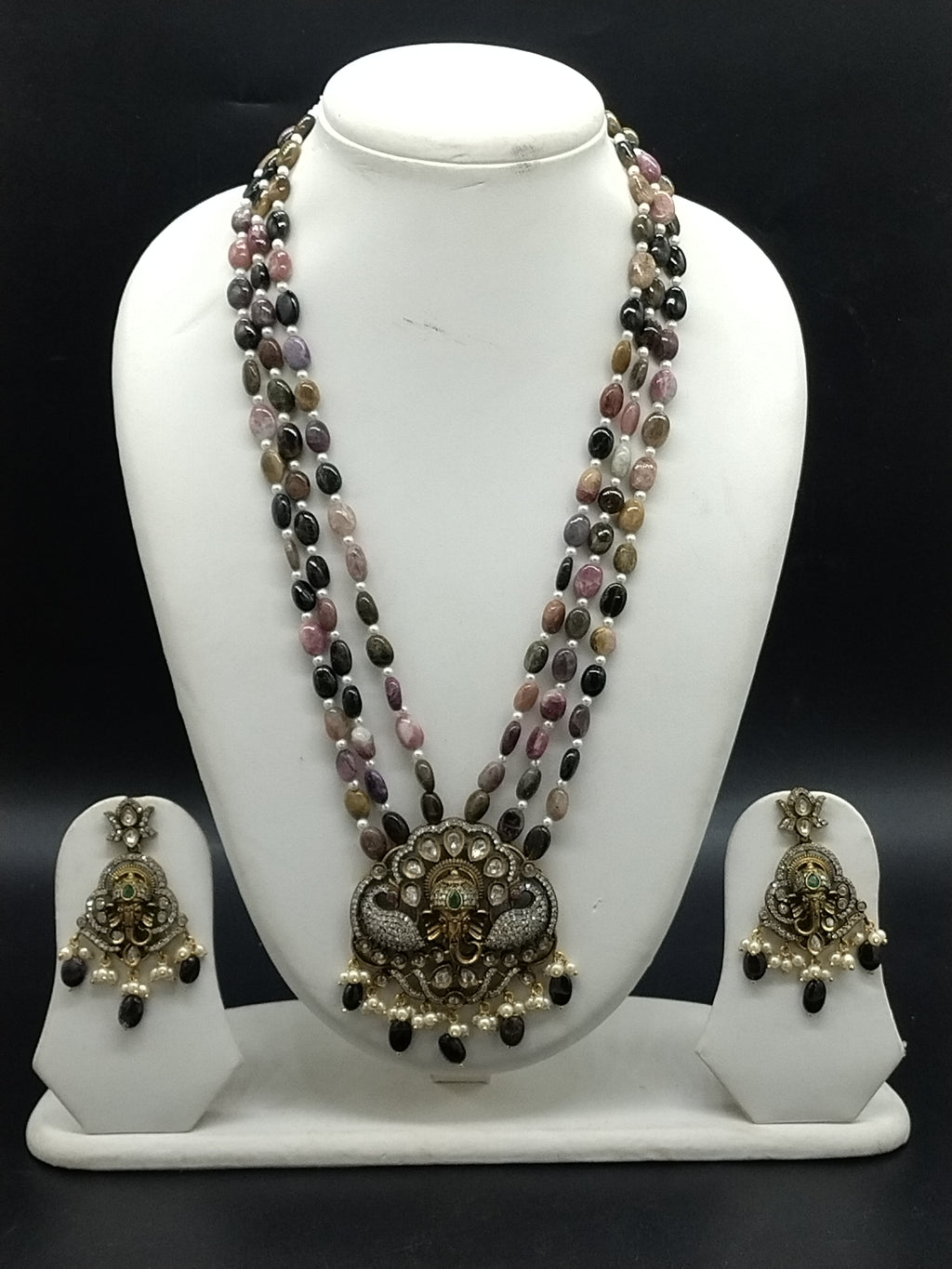 Multi-colour three-strand temple necklace set with ornate pendant and earrings for women