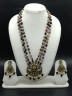 Multi-colour three-strand temple necklace set with ornate pendant and earrings for women