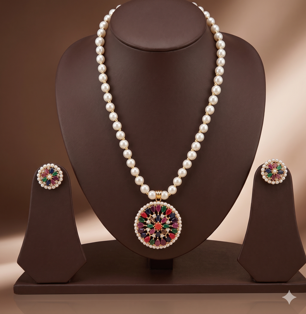 Multicolor Gemstone Freshwater Pearl Necklace & Earrings Set for Women